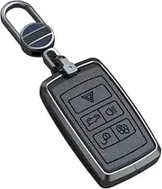 ontto Leather Key Fob Cover Keyring fit for Defender Discovery Sport New Range Rover Evoque Sport Velar Jaguar E-Pace I-Pace Accessories Alloy Key Case Shell Holder Bag Keychain Black B