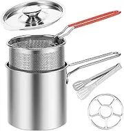 5 pcs Deep Fryer Pot,Stainless Steel Frying Pot with Basket,Lid Strainer Fine Mesh Oil Skimmer with Stove for Frying Fish Shrimp Chicken and Fries