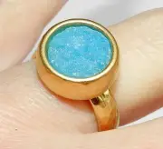 Designer Yellow Gold 24K Plated Ring w Turquoise Druzy Agate Stone Sz 8