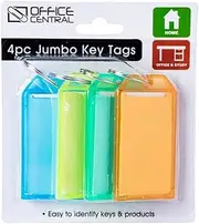 Office Central Plastic Key Tags (Pack of 4), 6.7 cm x 3.5 cm Size, Assorted