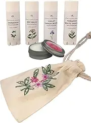 5 Popular Flower Scent Solid Perfume Set with Embroidered Pouch (Lilac, Gardenia, Rose Petal, Patchouli Oud Wood)