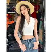 Sleeveless Plain Collared Crop Top White - One Size