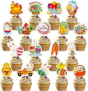 18Pcs Easter Cake Toppers Egg Bunny Chicks Gnome Carrot Pattern Cupcake Toppers for Easter Birthday Spring Theme Party Supplies Cake Decoration