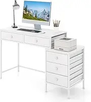 Giantex Computer Desk w/ 5 Drawers, Home Office Desk w/Side File Cabinet, Heavy-Duty Metal Frame Working Desk, Industrial Styled Workstation, PC Gaming Desk, Writing Table (White)