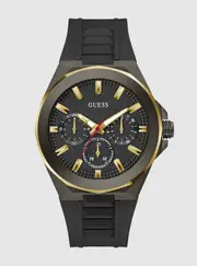GUESS Men's Black Dashboard Gold Silicone Watch