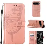 For Google Pixel 9 5G Case, PU Leather Wallet Butterfly Cover, Rose Gold