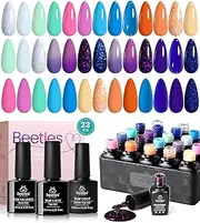 Beetles 23Pcs Gel Nail Polish Kit with Base Top Coat Holiday Gel Polish, Coastal Twilight Temperature Change Purple Blue Glitter Orange Red Soak off UV Gel