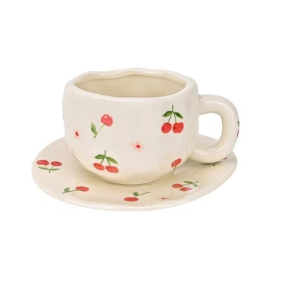 Ceramic Coffee Mug with Saucer Set, Creative Cute Cherry Cup Unique Irregular...