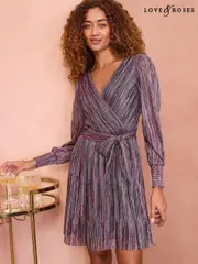 Love & Roses Silver/Black Layered Long Sleeve Wrap Mini Dress (E43769) | $71
