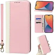FSHCPJ iPhone 14 Pro Case with Card Holder TPU Leather flip Wallet Hanging Rope Magnetic Folio Shockproof Proof Protective iPhone 14 Pro Cover-Beige/Pink