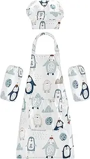 AIXIWAWA Kids Apron Chef Hat Set, Child Kitchen Bib Aprons Adjustable for Cooking Baking Painting (Cute Winter Penguin)
