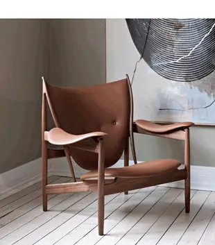 北歐實木主人沙發椅輕奢簡約異形創意酋長椅中古真皮原木單人椅子