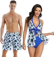 [Ulikeey] Couples Matching Swimsuit Blue Coconut Trees/Black Leopards Tankini Set & Swim Trunks His and Her Swimwear