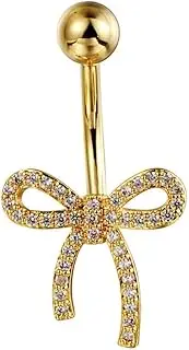 [Cykdohy] 14G Cubic Zirconia Bow Ribbon Belly Button Ring for Women Stainless Steel CZ Crystal Bowknot Navel Rings Curved Barbell Studs Bar Simple Sexy Body Piercing Jewelry Valentine's Day Birthday Gifts