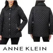 New Anne Klein Puffer Jacket Sz M Quilted Coat Women's Snap Front, Pockets Black