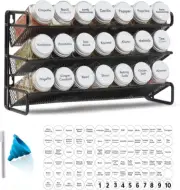 Spice Organizer Rack w/ 21 Spice Jars, 386 Spice Labels, Chalk Marker Funnel Set