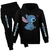 Anxihu Lilo Stitch Print Kids Tracksuit Set Boys Girls Casual Hooded Hoodie Sweatshirt Jogr Pants Outfit Activewear 13-14 Years Black