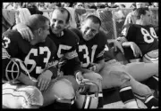 Green Bay Packers Fuzzy Thurston Max McGee Jim Taylor on the bench- Old Photo 1