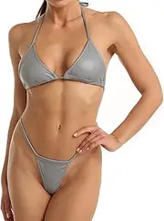 [LZLRUN] Reflective Silver Sexy Thong Set Bikini Swimsuit Bathing Suits Luminous Split Swimsuits