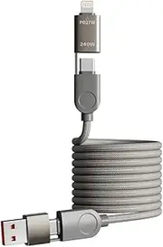 Mizi 240W Magnetic USB C Cable [Automatic Coiled], 4-in-1 Multi Charging Cable (1.2M), USB A/C to C/L, Fast Charger for iPhone 16/15/14 Pro Max, MacBook, iPad, Samsung S24 & More - Grey