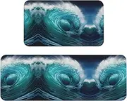 Beautiful Ocean Waves Print Kitchen Floor Mat 2 Sets Non-Slip Rugs for Kitchen Laundry Office and Home Decor