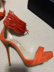 OSCAR DE LA RENTA SANDRA ANKLE CUFF HEELS CORAL SUEDE GOOSE FEATHER #8us $1190