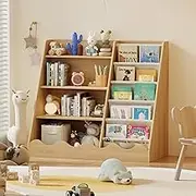 ROXGOX Kids Bookshelf and Toys Storage Cabinet - Solid Wood Bookcase for Kids Room, 4 Tier Baby Book Shelf with Storage, 5 Shelf Book case in Kids Room Playroom Nursery for Kids, Children, Toddlers