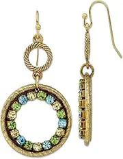 [JewelryWeb] Shepherd hook Brass tone Blue Green and Yellow Crystal Circle Drop Earrings 51x27mm Wide Dangle Earring for Women