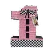 APINATA4U Race Car Themed Number 1 Pinata, Pink and Black Checkered Flag Design