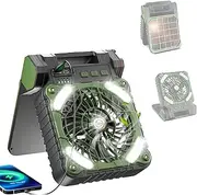 Solar Powered Camping Fan with LED Lantern, 10000mAh Portable Rechargeable Desk Fan for Camping, Cordless Desk Cooling Fan with 3 Timer & PowerBank for Travel Tent Worksite