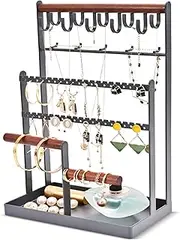 Lolalet Jewelry Holder Organizer Necklace Stand Gifts for Women Girls, 6 Tier Jewelry Rack with 15 Hooks and Bottom Tray, Jewelry Tower Storage Tree for Bracelets Earrings Rings –Grey