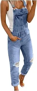 [Kcocoo] Denim Bib Overalls Women, Women's Casual Stretch Adjustable Denim Bib Overalls Ripped Distressed Jeans Pants Jumpsuits, Light Blue, Large, Light Blue, Large
