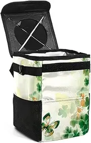 Car Trash Can with Lid,Bag Hanging Storage Pockets Leak-Proof,Portable Garbage Bin,Butterfly Green Leaf Clover