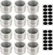 Biendo Set of 12 Magnetic Spice Jars Containers Stainless Steel Round 100ml Spice Tins Spice Storage Box Countertop Organization with Lids and Magnetic Base for Cabinet Kitchen Seasonings