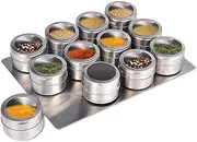 Magnetic Spice Jars 12pcs with Wall Mounted,Stainless Steel Spice Tins with Lid and Small Holes for Sprinkle Rust Free Easy to Clean Includes 94 Labelling Stickers by Beeyoka