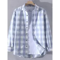 在飛比找ETMall東森購物網優惠-方格子長袖襯衫男100%純棉高品質襯衣初中高中學生藍色夏季薄
