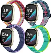 4 Pack Stretchy Bands Compatible with Fitbit Versa 3/Fitbit Versa 4/Fitbit Sense 2/Fitbit Sense Bands Women Men, Adjustable Elastic Breathable Loop Nylon Replacement Straps for Fitbit Sense & Versa 3