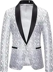 [DGHM-JLMY] Men Slim Fit Shawl Lapel Blazer Coat Regular Fit Suit Floral Blazer Jacket Business Jacquard Tuxedo Party Dinner, Silver 4, Large