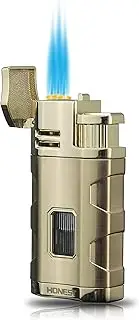Torch Lighter Triple Jet Flame Refillable Butane Lighter Windproof Lighter with Punch Rest Holder - Butane Not Included (Gold)