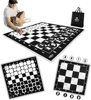 SWOOC Games - 3-in-1 Giant Checkers, Chess, & Chess Tac Toe Game with Mat (4ft x 4ft) - Machine-Washable Canvas & 5" Big Foam Discs - Giant Chess Set Outdoor & Checkers Board Game for Adults & Kids