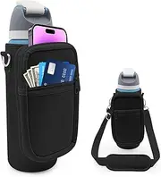 for Owala FreeSip Insulated Stainless Steel Water Bottle Cup Holder Cover Carrier Sling Bag with Strap, Pouch Pocket for Phone/Accessories, add Handle for Owala 24oz (Black-24oz)