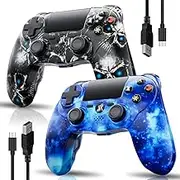 2er-Pack Kabelloser Controller für PS4, Multi-Plattform Controller kompatibel mit PS4/Pro/Slim/PC/iOS/Android/MacOS, mit Dual-Vibration/3,5-mm-Audio-Buchse/empfindlichem Touchpad(Blau& Schädel)