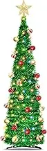 5 Ft Pop Up Christmas Tree with Timer Dual Color Change 8 Mode, 1 Minute Christmas Tree 50 Warm White & Colorful Light 3D Star 25 Ball Ornament Battery Operated Slim Tinsel Pencil Xmas Tree Indoor