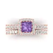 1.6ct Princess Halo Alexandrite Stone Promise Bridal Ring Band set 14k Rose Gold