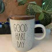 RAE DUNN 'Good Hare Day' Blue Speckled Mug With Wooden Lid