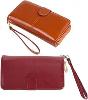 [WOFASHPURET] Lady Wallet Oil Wax Leather Purse Compact Wallet Portable Credit Card Organizer for Office