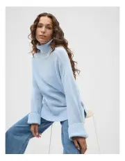 [Seed Heritage] Merino Wool Roll Neck Side Split Knit Jumper in Ice Blue