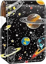 Lipstick Case,Leather Lip Gloss Lipstick Organizer with Mirror,Mini Lipstick Holder Bag,Cartoon Space Rocket Planet