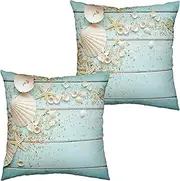 Kwlegh Seashells Starfish Pillow Covers Beach Themed Throw Pillow Covers 18x18 Set of 2 Ocean Blue Wooden Decor Pillowcase Cotton Linen Cushion Case for Seaside House Outdoor Sofa