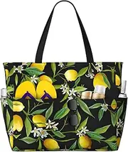 [Ghjkfbf] Lemon And Flower Print Large Capacity Beach Travel Bag For Family, Beach Tote Bag For Women With Zipper Pockets, Black, One Size